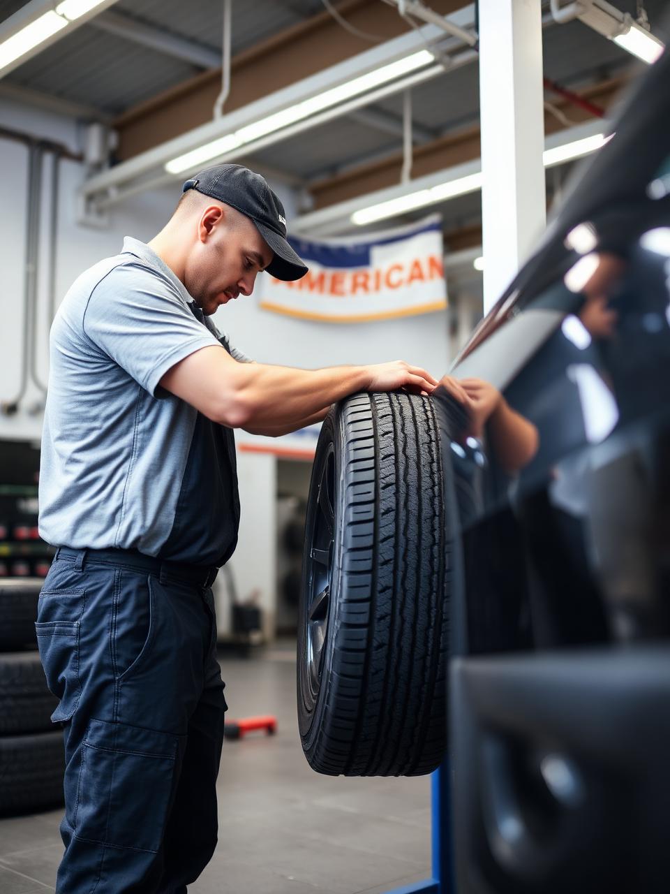 Mechanic installing a new tire on a customer's vehicle
