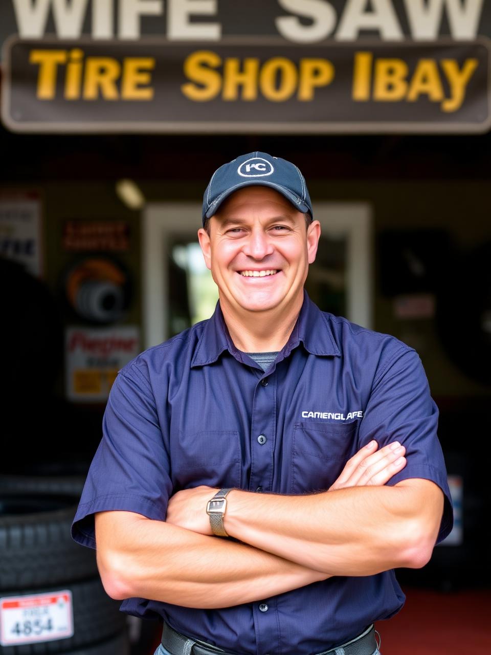 Friendly owner of Summit Tire & Auto standing in front of the shop