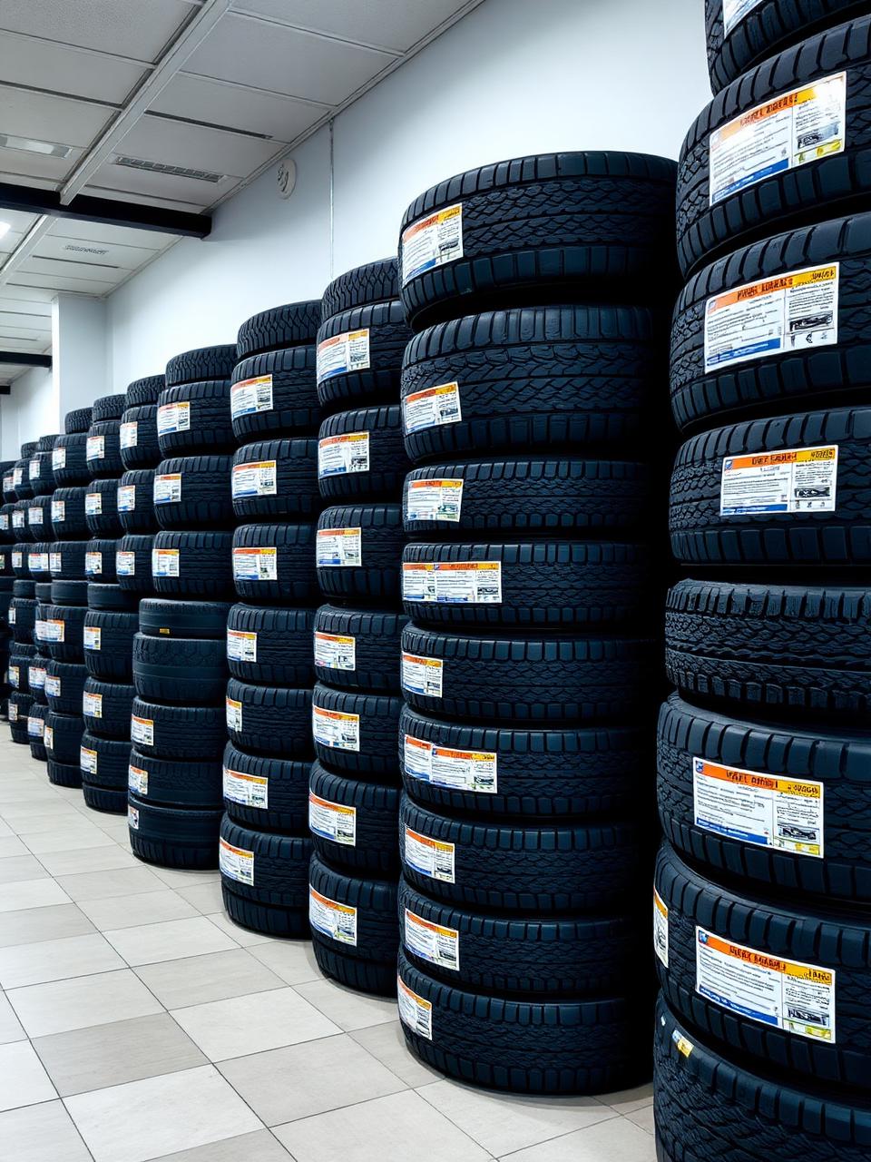 Wall of new tires in stock at Summit Tire & Auto Cedar Falls, CO